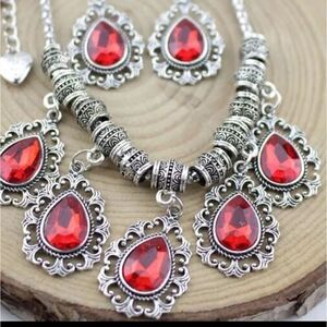 Red Coral Silver Necklace Earrings Set